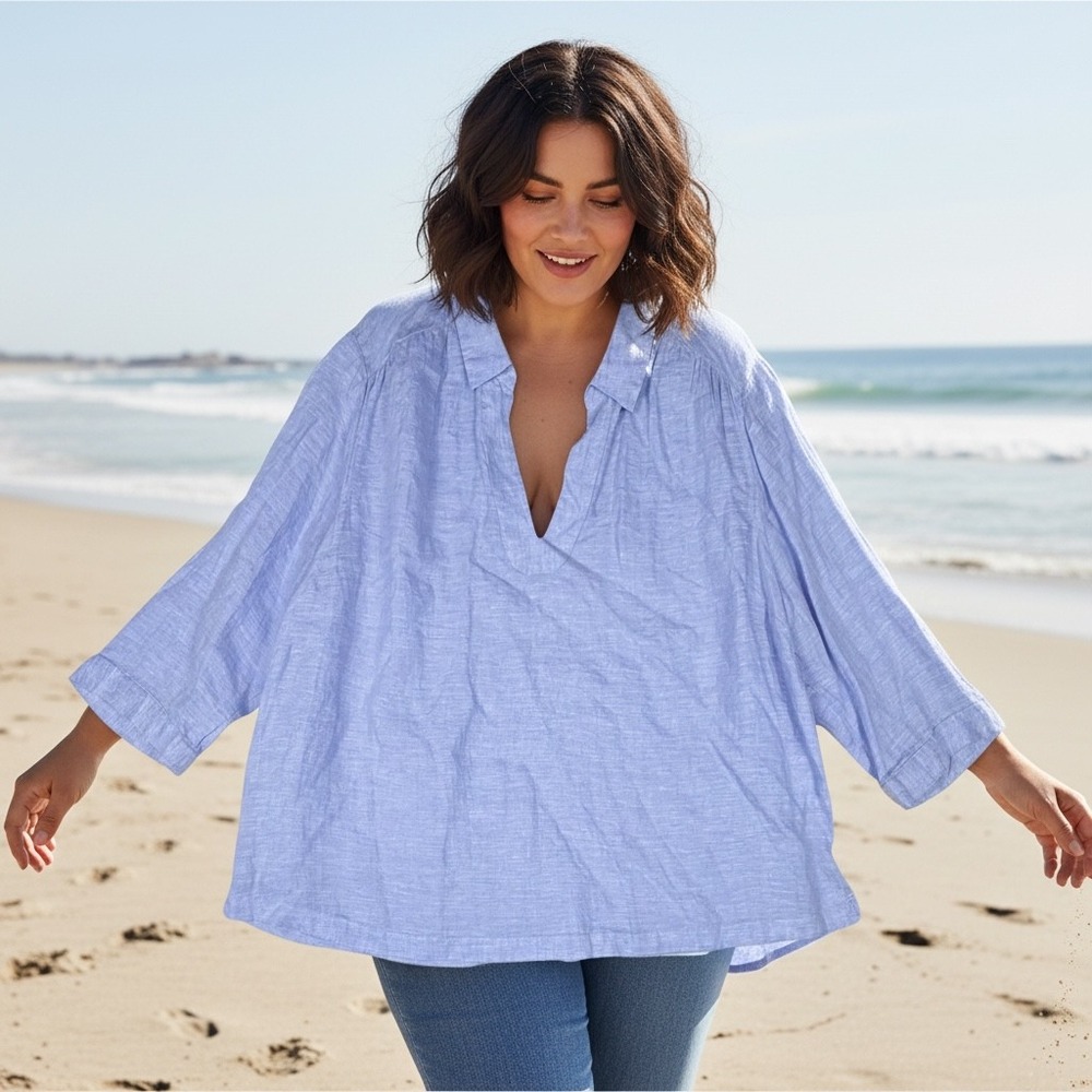 Sigrid Olsen Linen Blouse Womens 2X Blue Coastal Minimalist V-Neck Beachy Top